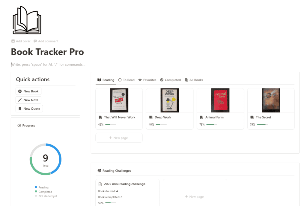 Notion Book Tracker Pro template preview